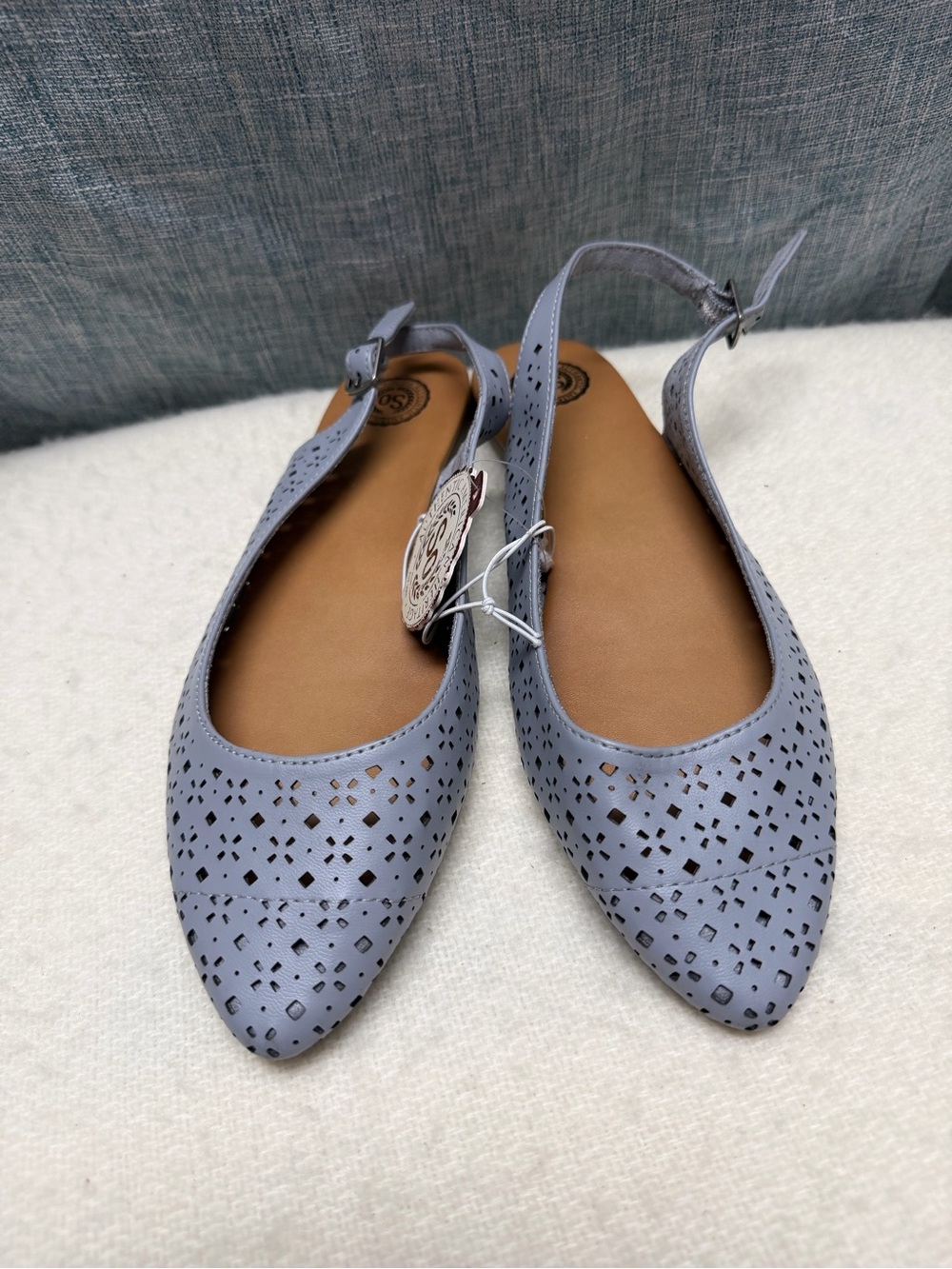 SO Powder Blue Laser-Cut Pointed Slingback Flats